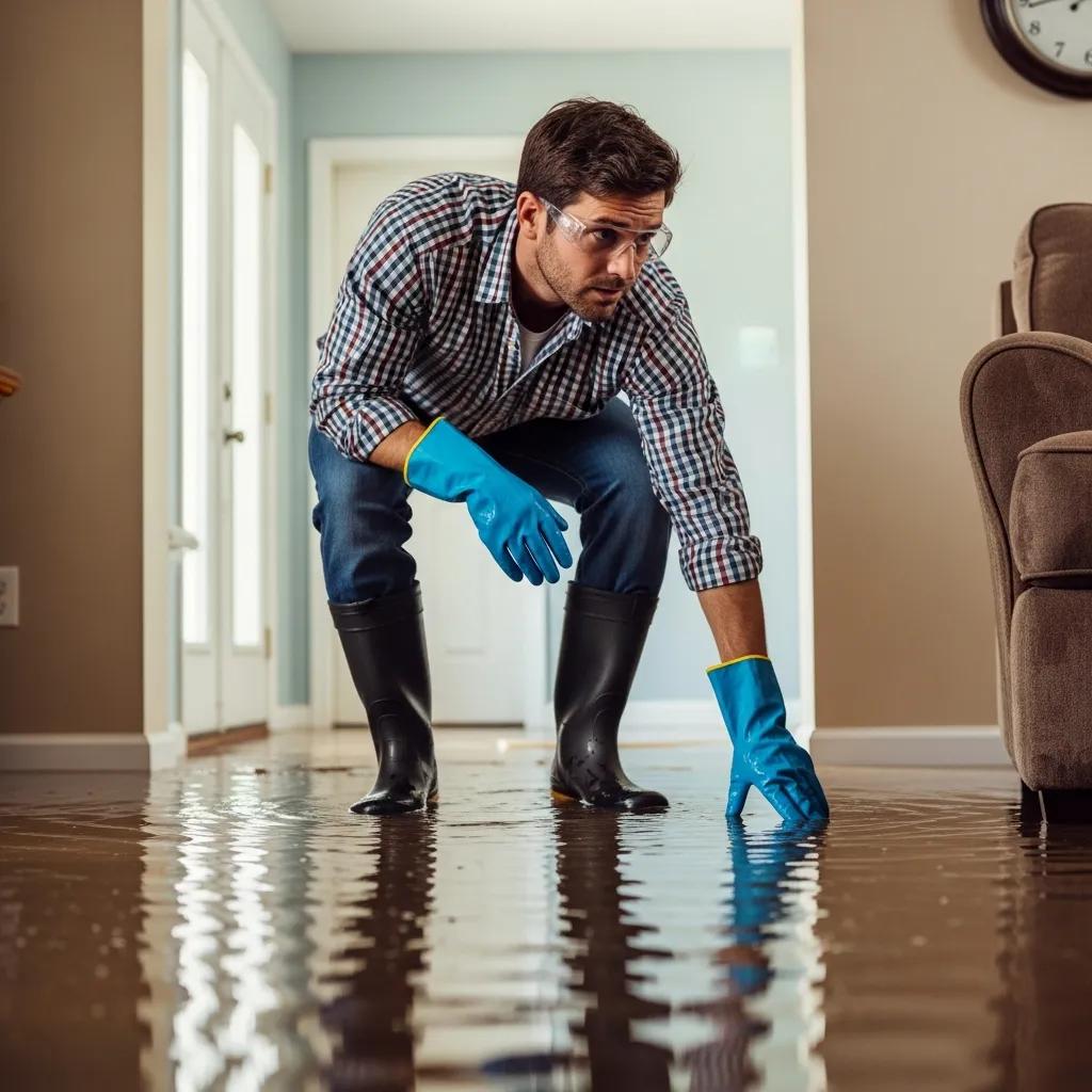 Homeowner assessing water damage in a flooded room with protective gear