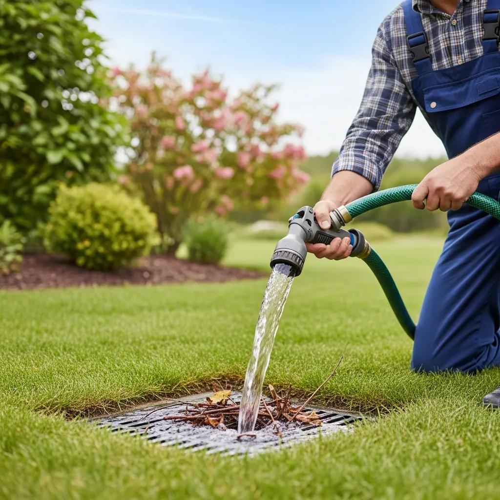 Homeowner flushing a storm drain with a garden hose