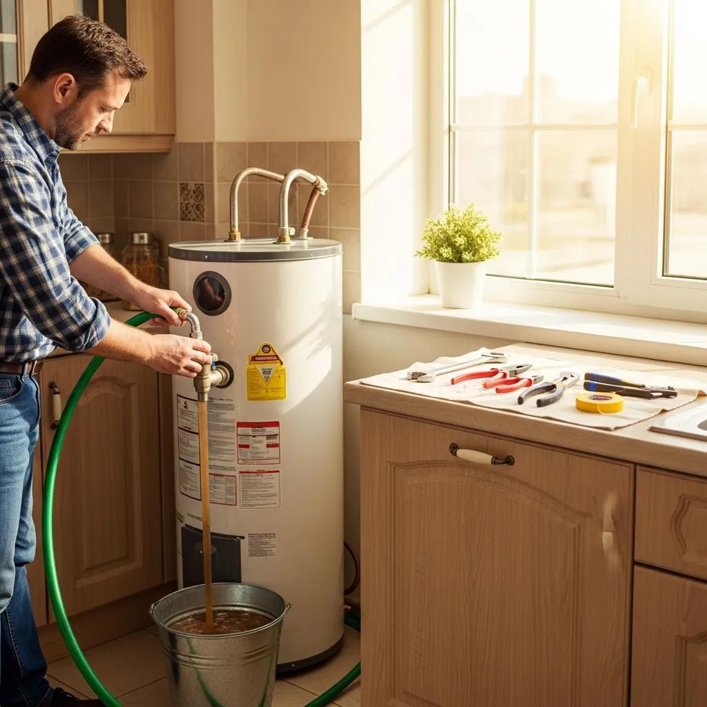 Homeowner flushing their water heater in a sunny kitchen — simple indoor maintenance