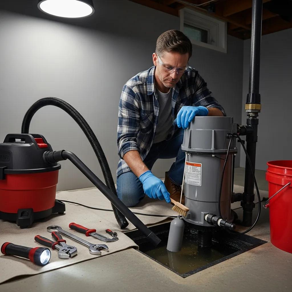 Homeowner performing DIY maintenance on a sump pump in a basement, using tools and a vacuum cleaner, emphasizing practical care steps for longevity and flood prevention.