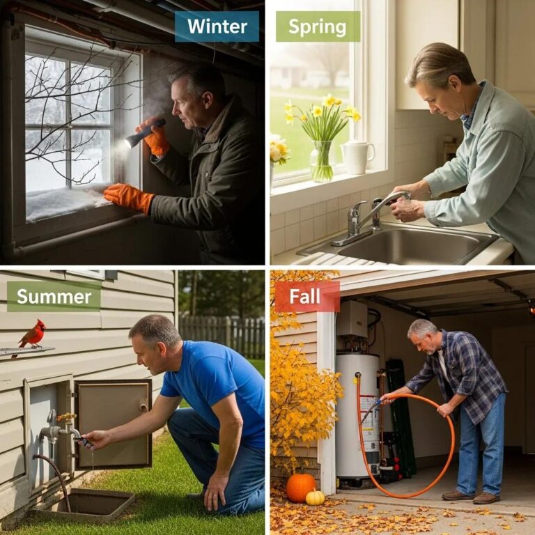 Homeowner performing seasonal plumbing inspections in Michigan, showcasing winter, spring, summer, and fall maintenance tasks, including checking pipes, faucets, and drainage systems.