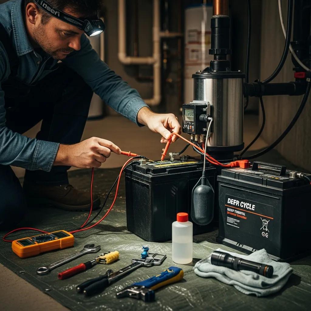 Homeowner checking a battery-backup sump pump during routine maintenance