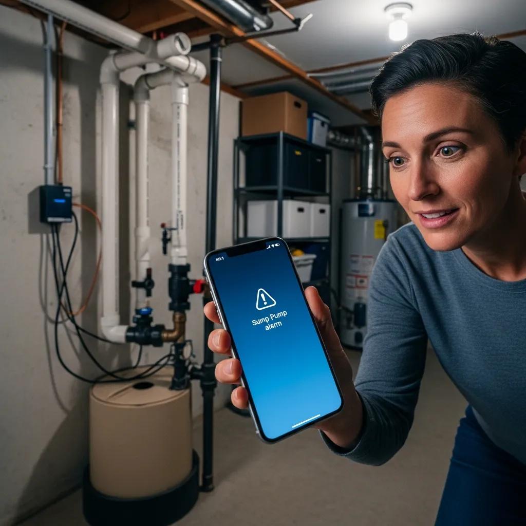 Homeowner receiving sump pump alarm notification on smartphone in basement, illustrating early warning benefits for flood prevention.