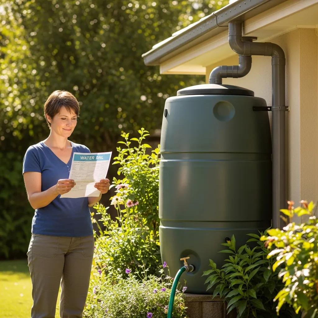 Homeowner checking a water bill beside a rainwater tank