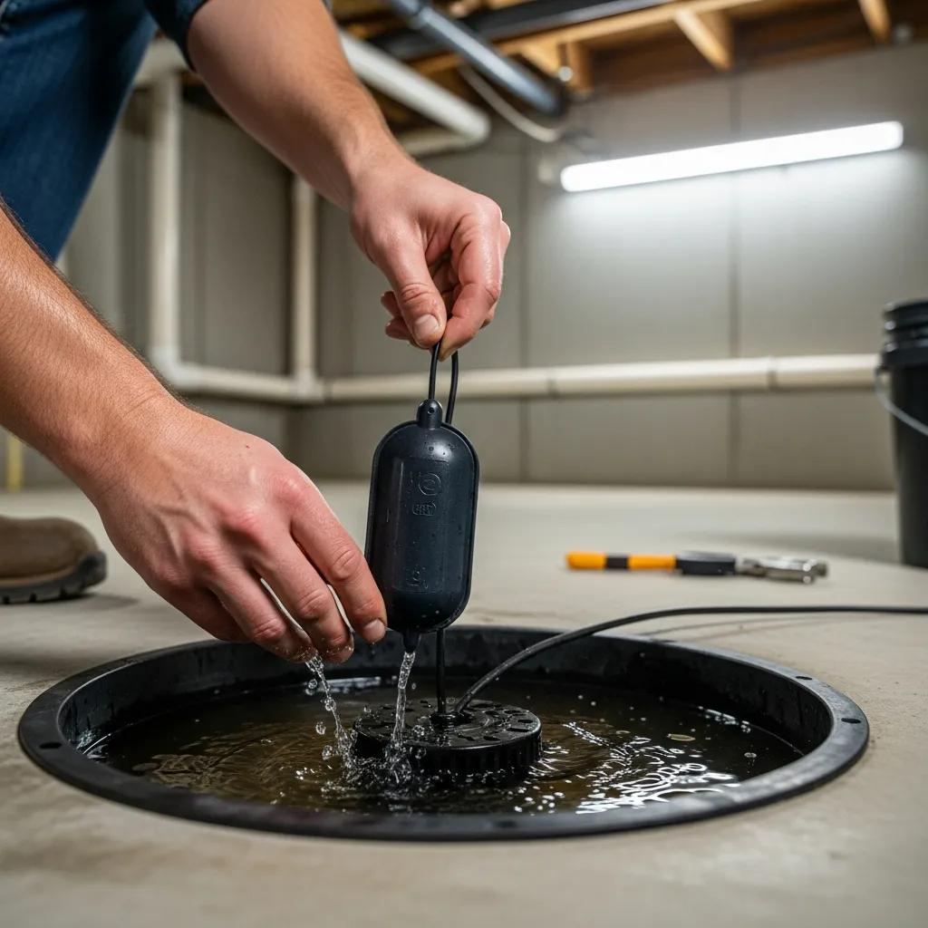 Homeowner testing a float switch in a sump pump basin, demonstrating DIY troubleshooting techniques for sump pump issues.
