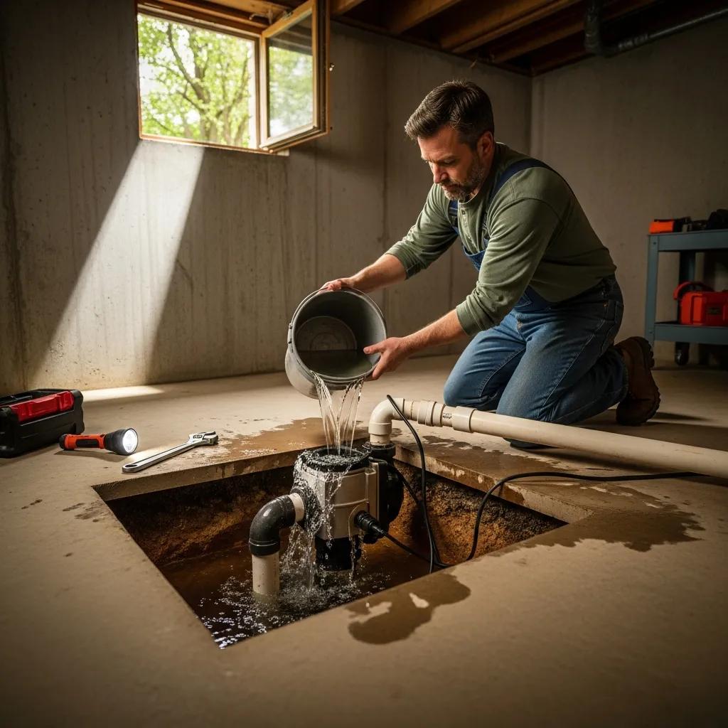 Homeowner testing sump pump in basement by pouring water into pit, ensuring functionality for spring thaw protection, with tools and flashlight nearby.