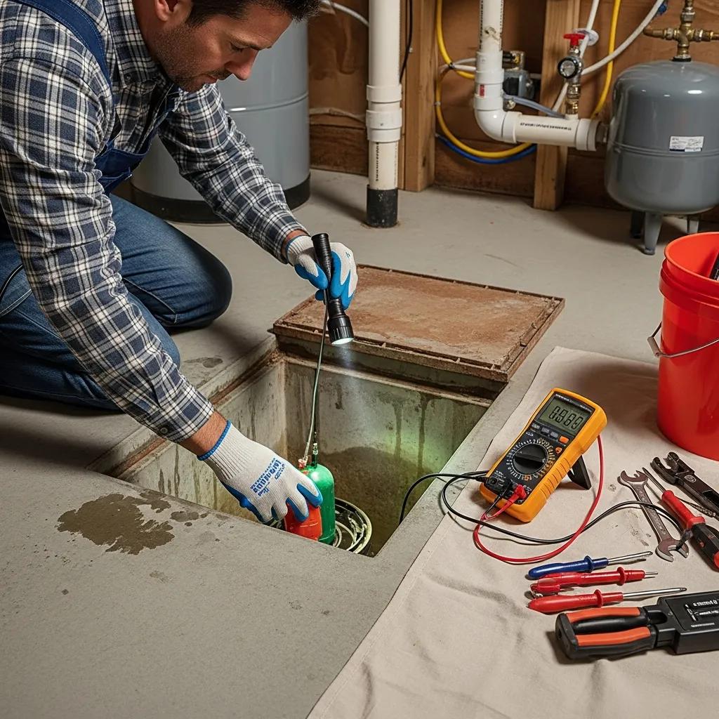 Homeowner inspecting sump pump with flashlight, checking float switch and impeller, tools and multimeter nearby for troubleshooting.