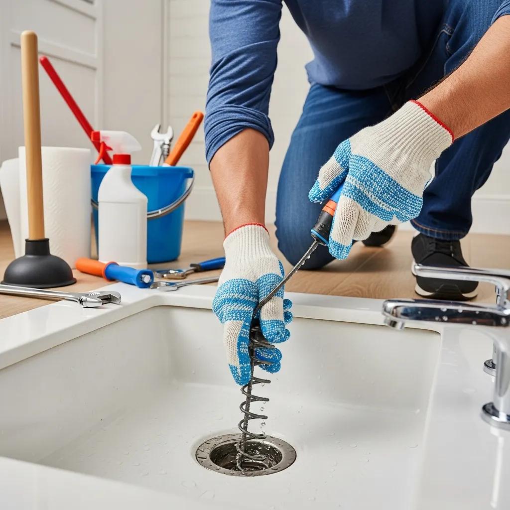 Homeowner using a drain snake for DIY drain maintenance in a kitchen