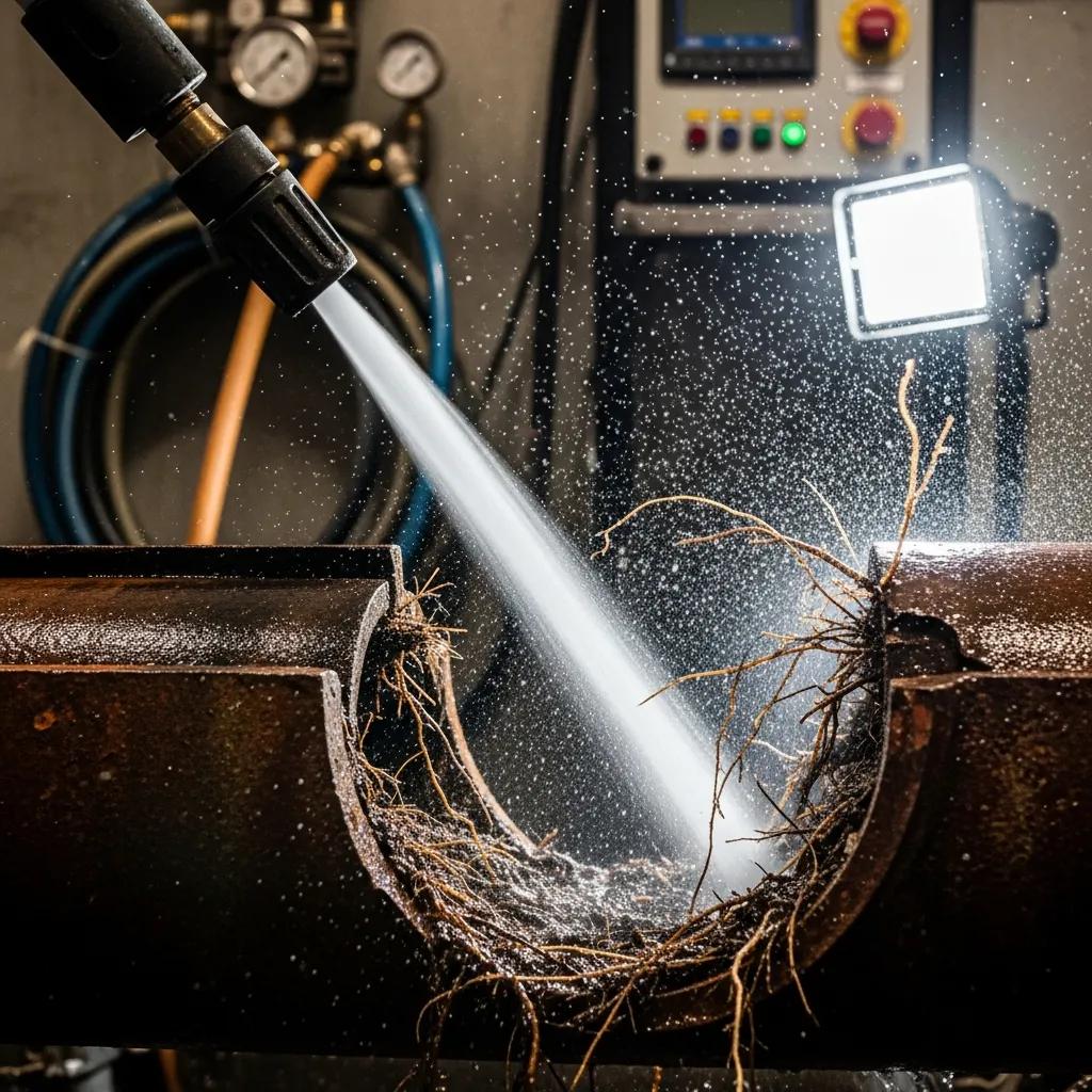Hydro jetting equipment cleaning a sewer pipe to remove tree roots and restore flow