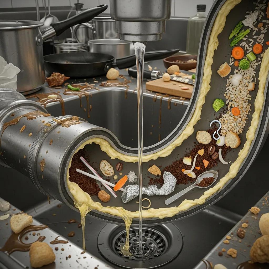 Illustration of common causes of commercial drain clogs in a kitchen setting, including FOG and food solids