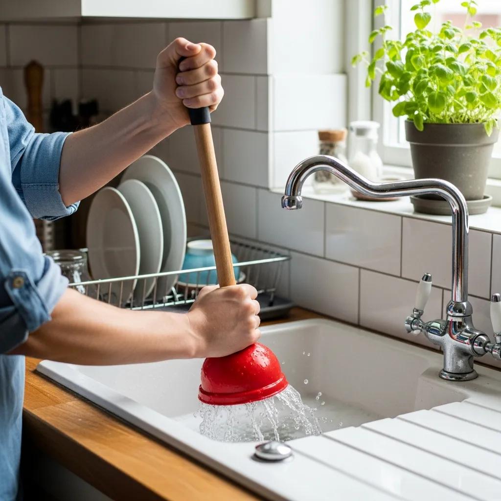 Kitchen sink unclogging with a plunger in a bright, clean kitchen setting