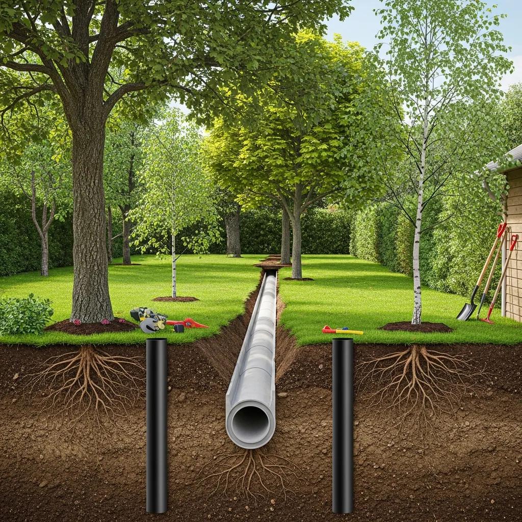Yard with trees planted away from sewer lines and installed root barriers to prevent intrusion