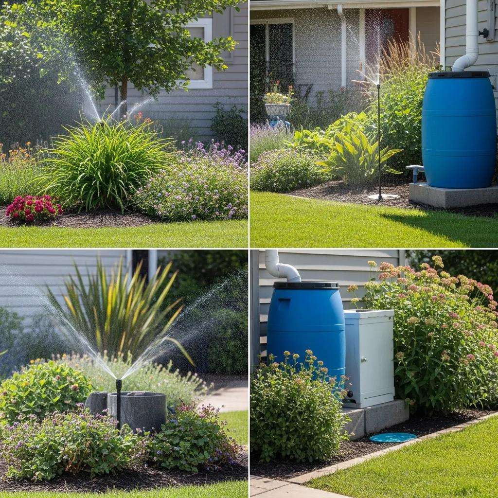Lush garden featuring drought-tolerant plants, smart irrigation systems, and a rainwater collection barrel, emphasizing outdoor water conservation for landscaping and gardening.