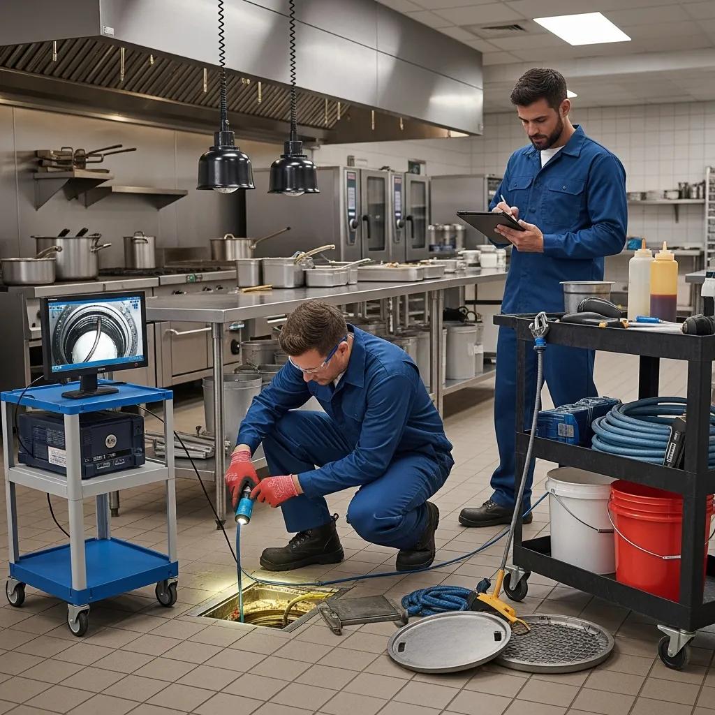 Maintenance team conducting preventative drain maintenance in a commercial kitchen, highlighting best practices
