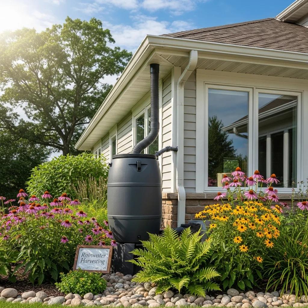 Modern rainwater harvesting system on a Michigan home with a lush garden
