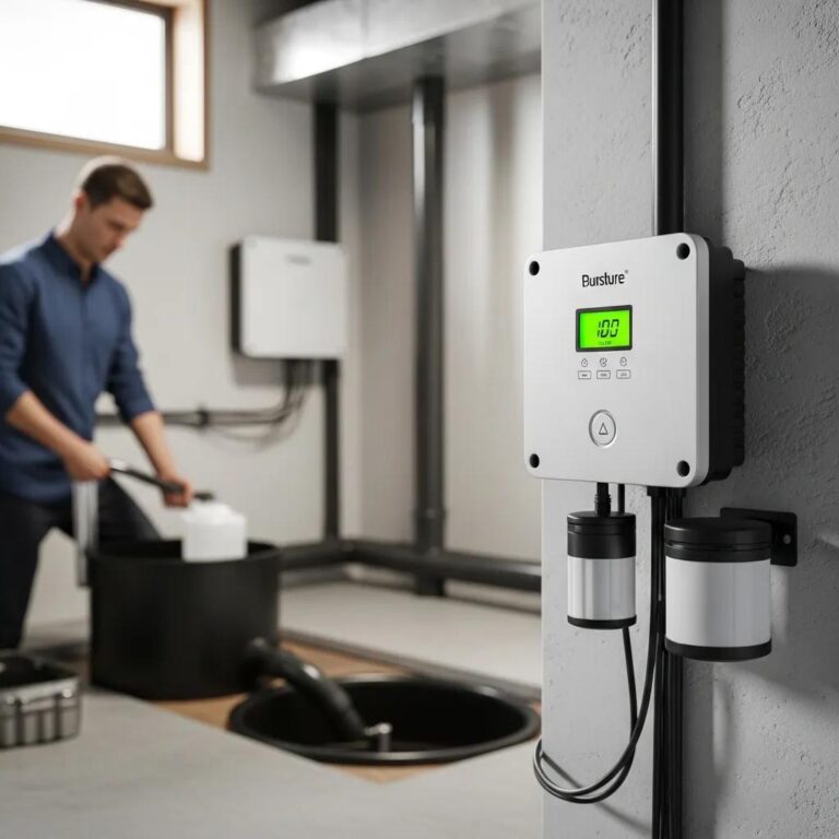 Modern sump pump alarm system in a basement, highlighting flood prevention technology