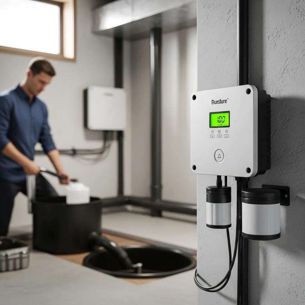 Modern sump pump alarm system with digital display and sensors installed in a basement, highlighting flood prevention technology.