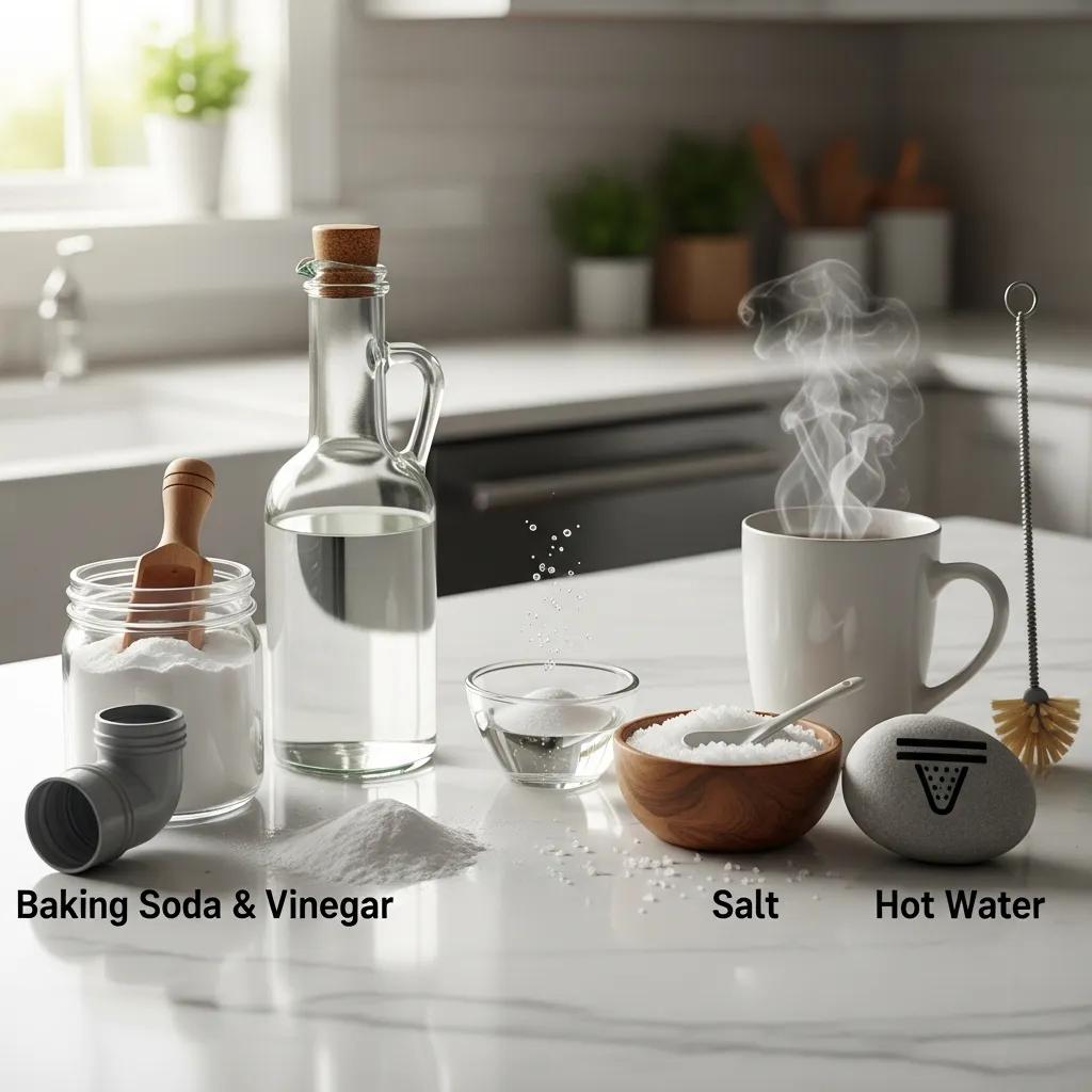 Natural ingredients for homemade drain cleaning on a kitchen counter