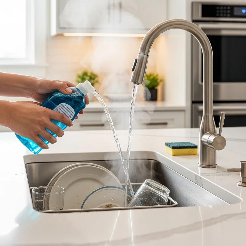 Person pouring hot water and dish soap into a kitchen sink to help clear a clog