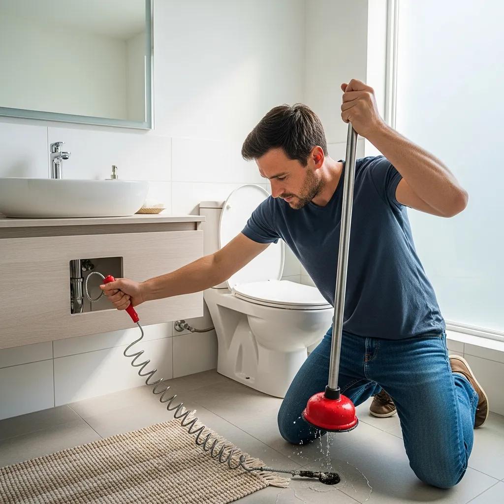 Using a plunger and hand drain snake in a bathroom