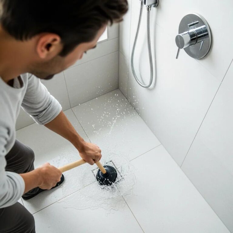 Person using a plunger to unclog a shower drain in a bright, modern bathroom