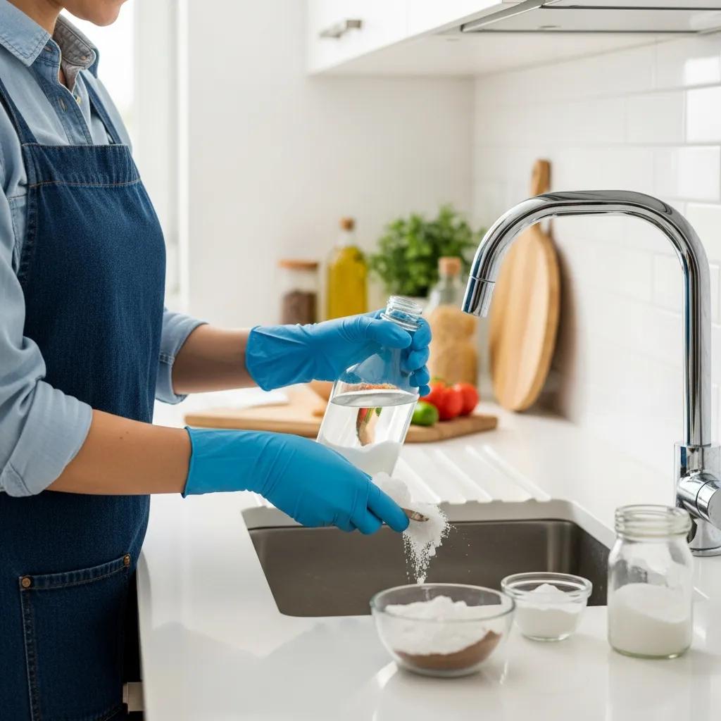 Person using baking soda and vinegar for DIY drain cleaning in a modern kitchen