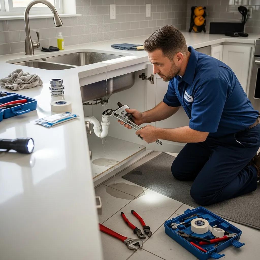 Plumber working on a sink, showcasing tools and plumbing fixtures in a residential setting