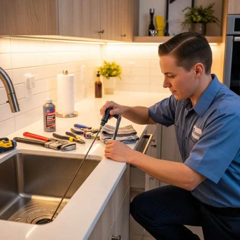 Professional plumber clearing a clogged drain in a residential setting, showcasing emergency plumbing services