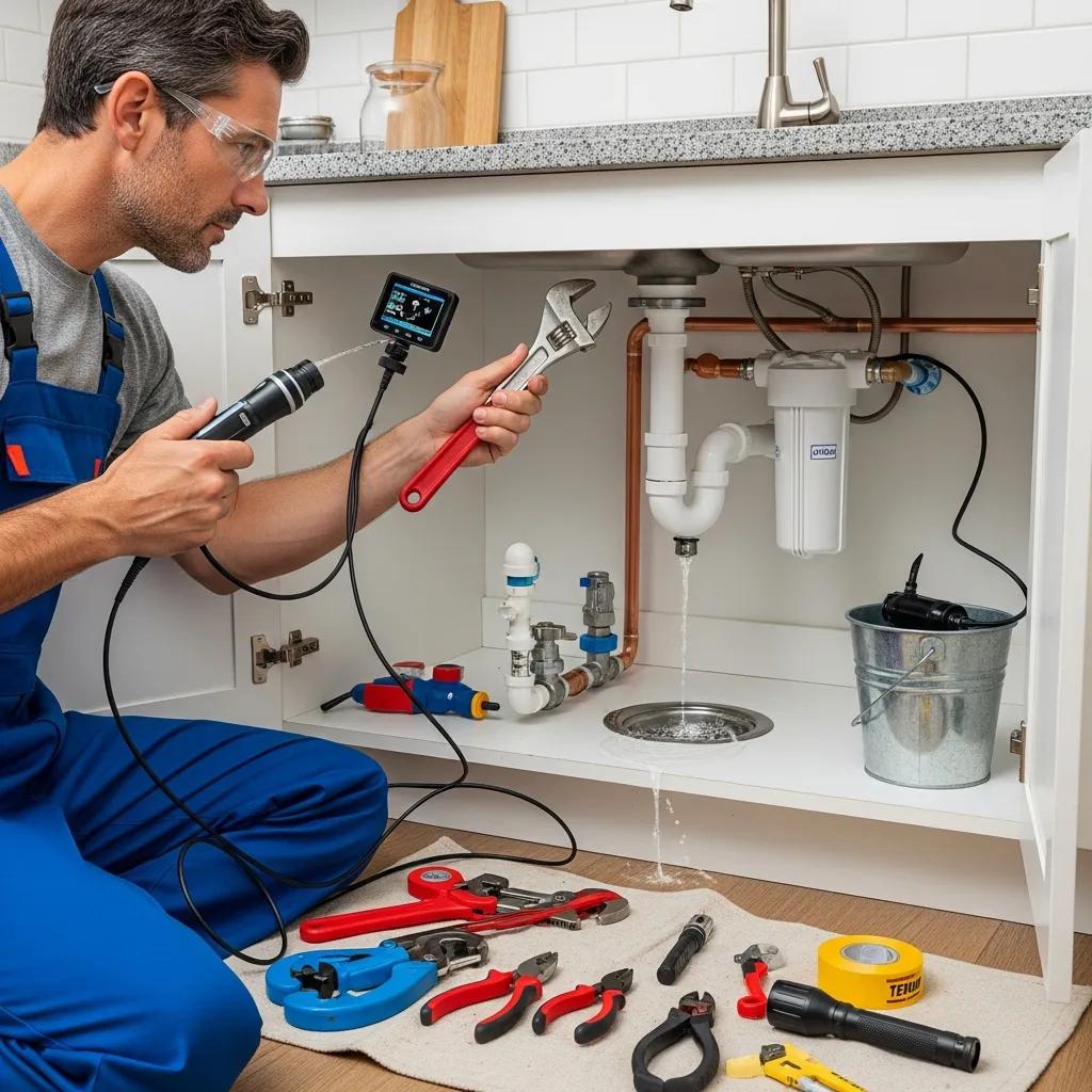 Professional plumber inspecting residential plumbing system with tools