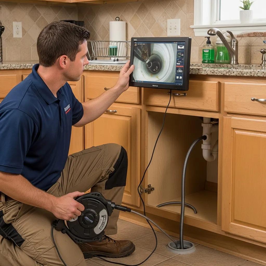 Plumber inspecting a kitchen drain with a sewer camera