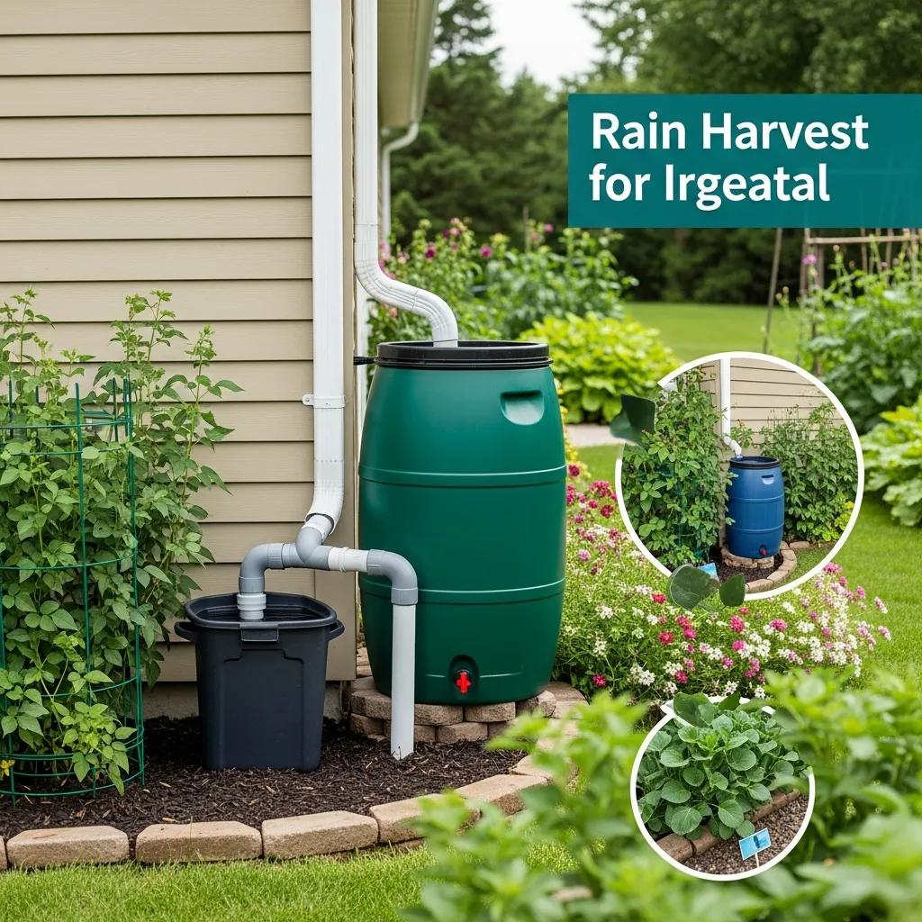 Rainwater harvesting system featuring a green rain barrel connected to downspouts, surrounded by a flourishing garden with diverse plants, illustrating sustainable irrigation practices.