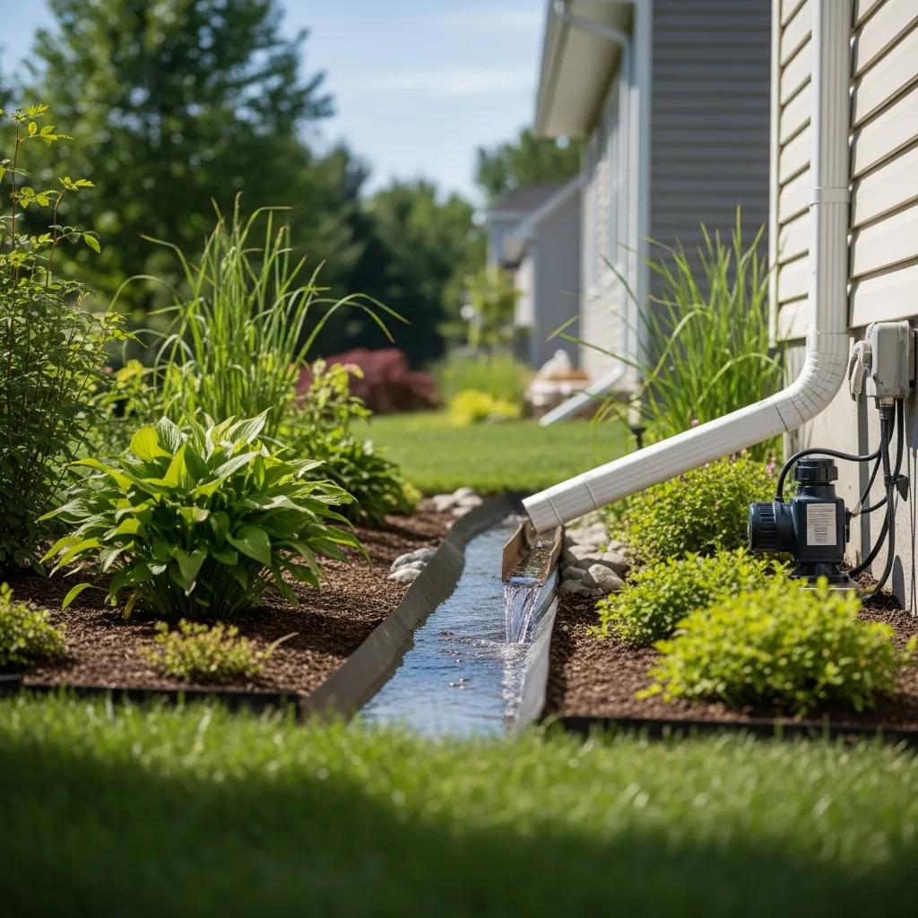 Residential stormwater management system featuring a French drain and downspout extension, surrounded by lush landscaping and grass, illustrating effective runoff control solutions.
