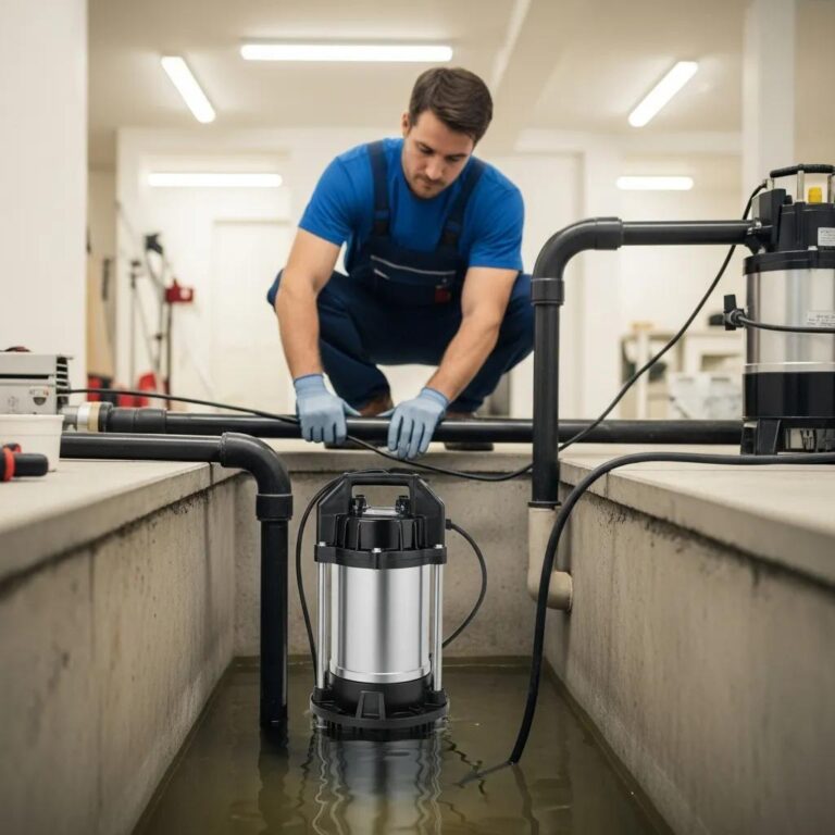 Man installing a submersible sump pump in a basement, emphasizing flood prevention and plumbing maintenance.