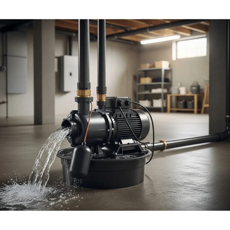 Sump pump installation in a basement, showcasing effective water removal and reliable operation