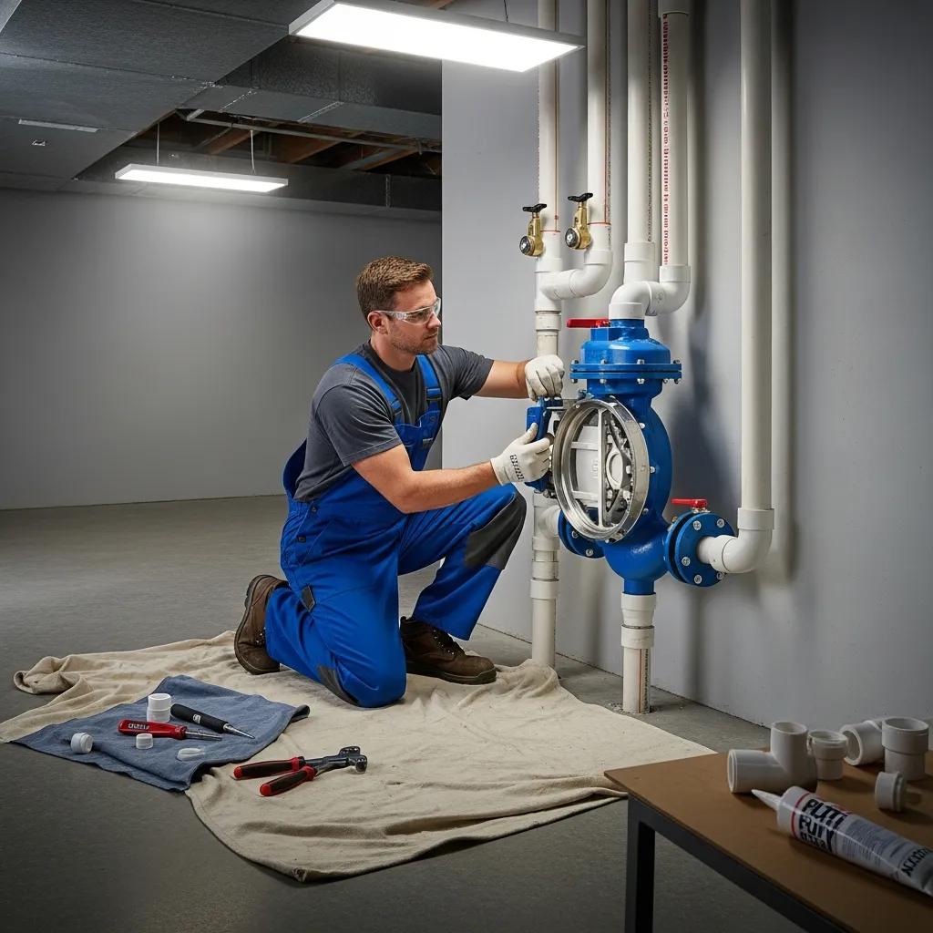 Technician installing a backwater valve in a basement plumbing system, ensuring protection against sewer backup flooding, with tools and materials nearby.