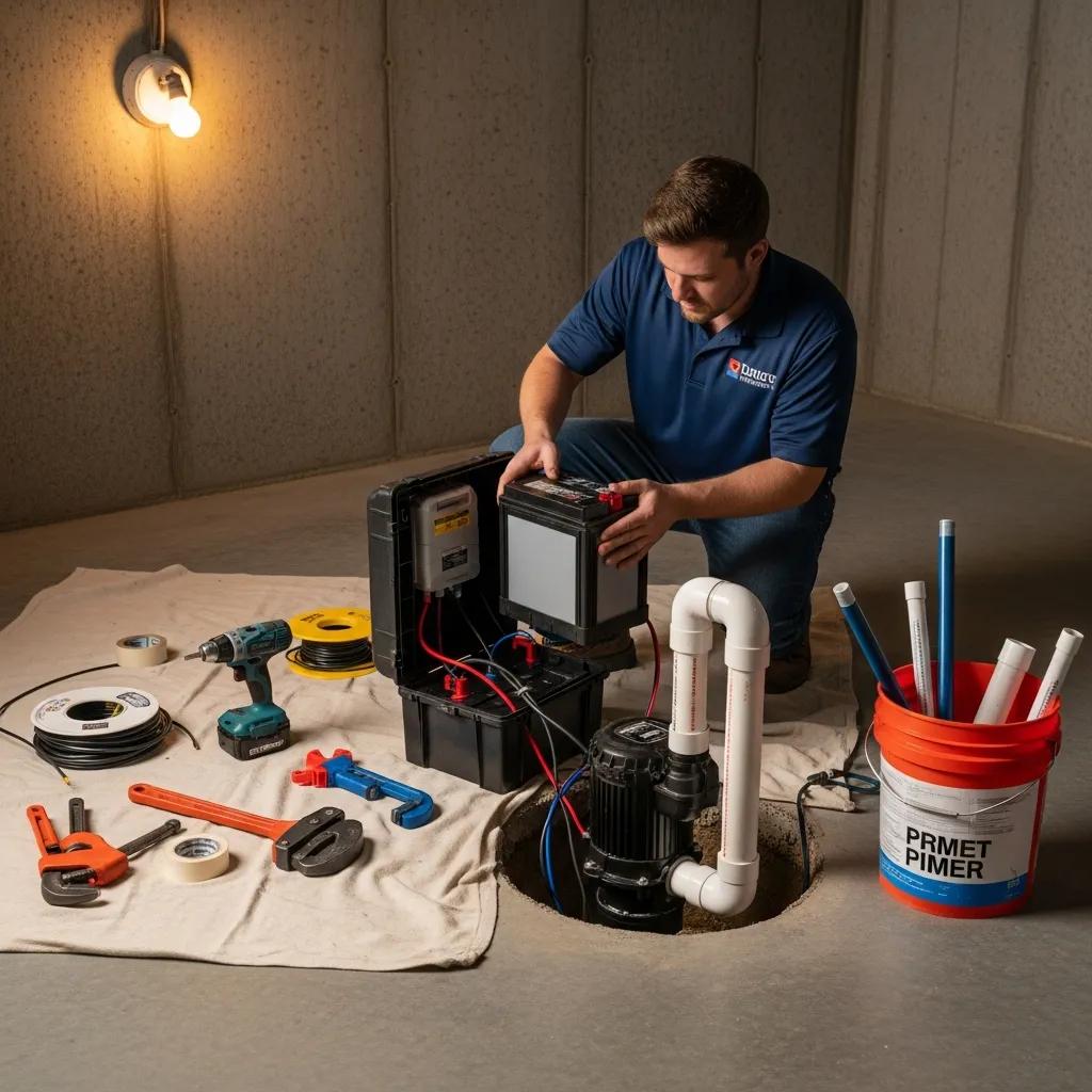Licensed technician installing a battery-backup sump pump in a home basement