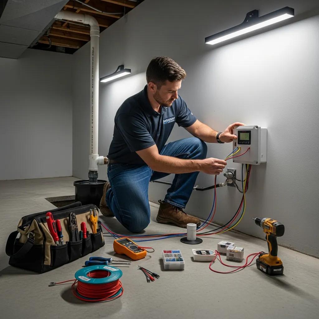 Technician installing a sump pump alarm system in a basement, emphasizing professional installation with tools and equipment for reliable flood prevention.