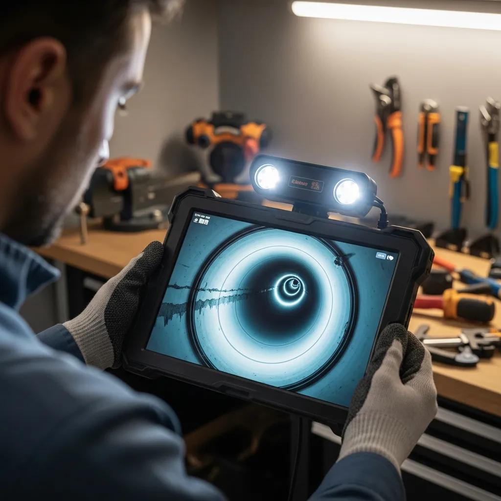 Technician operating a sewer camera during a plumbing inspection