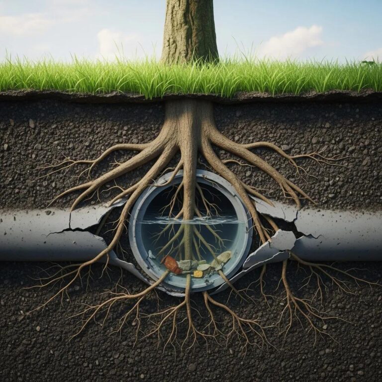 Tree roots invading a sewer line, illustrating the issue of root intrusion in plumbing systems