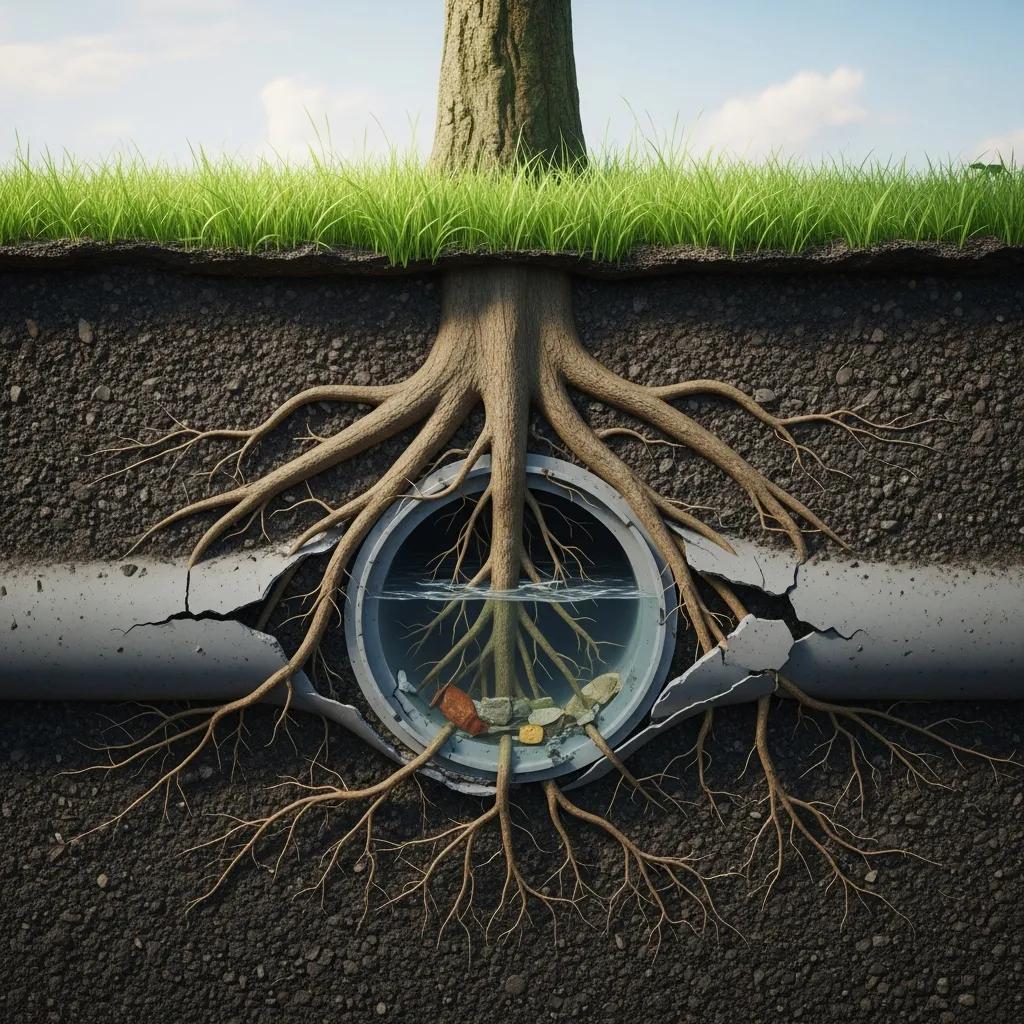 Tree roots invading a sewer line, illustrating the issue of root intrusion in plumbing systems