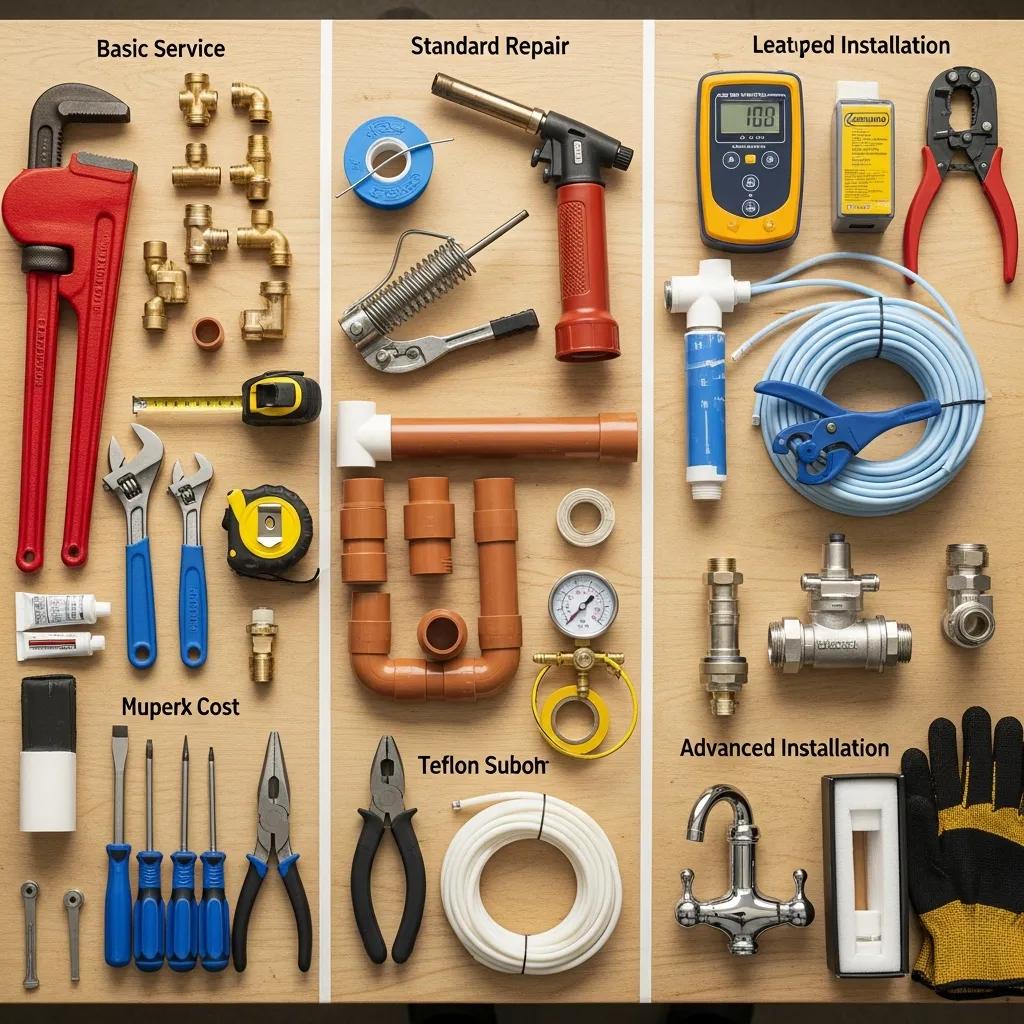 Assortment of plumbing tools and supplies on a workbench