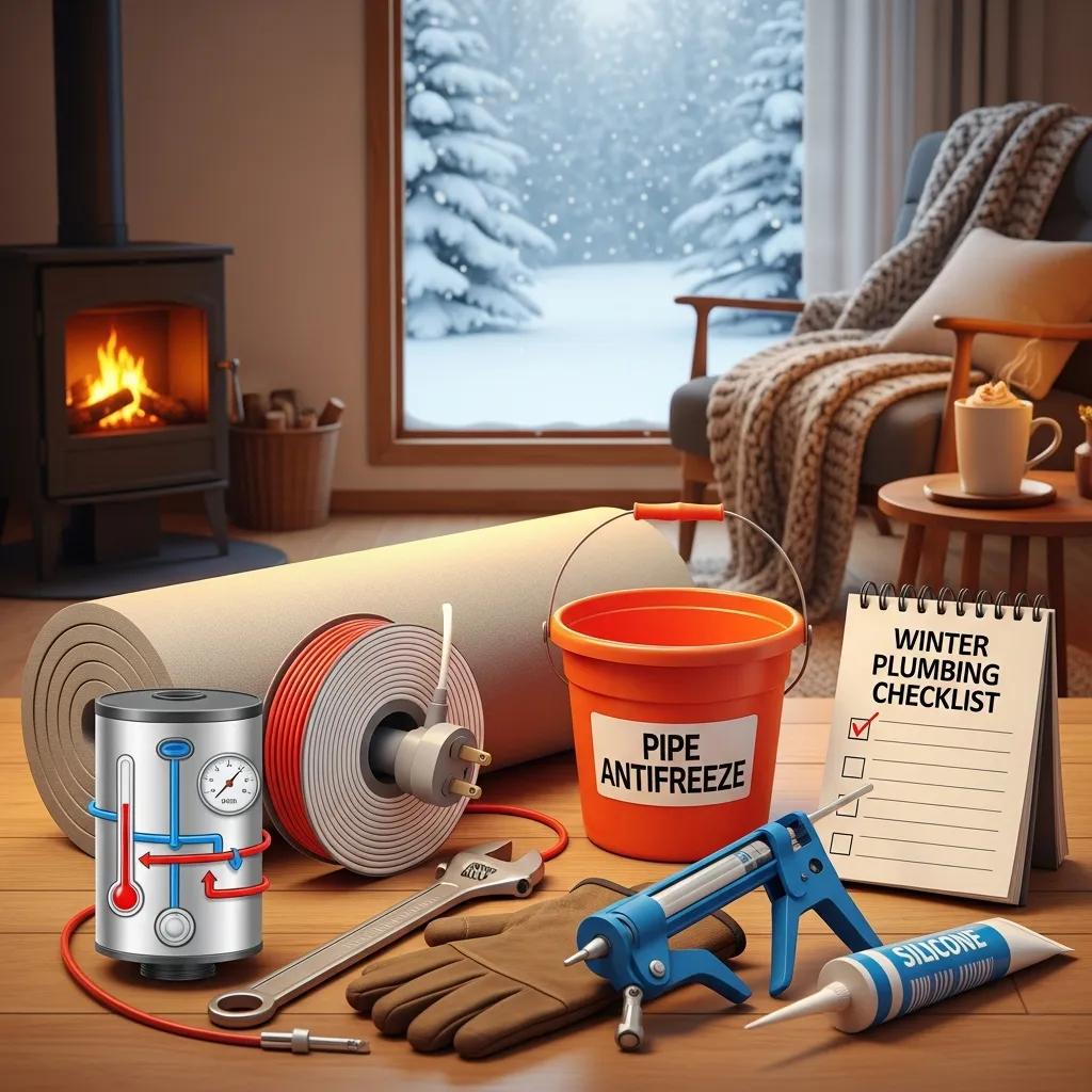 Winter plumbing maintenance tools including foam insulation, pipe antifreeze, and a checklist in a cozy home setting with a snowy view, emphasizing preparation for freezing weather in Michigan.