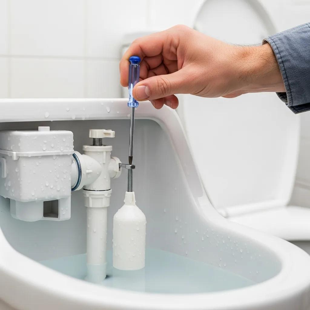 Hand adjusting a toilet float mechanism to set the proper water level