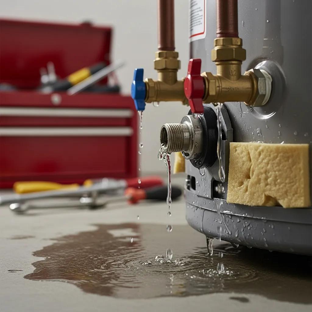 Close-up of a leaking tank-style water heater with pooling water and repair tools