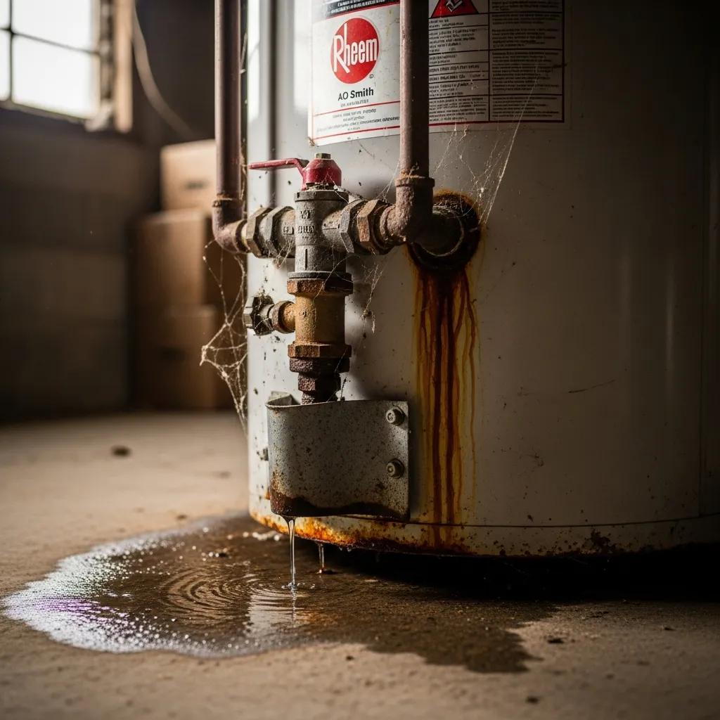 Worn water heater with rust and a small leak, a common sign a replacement is needed