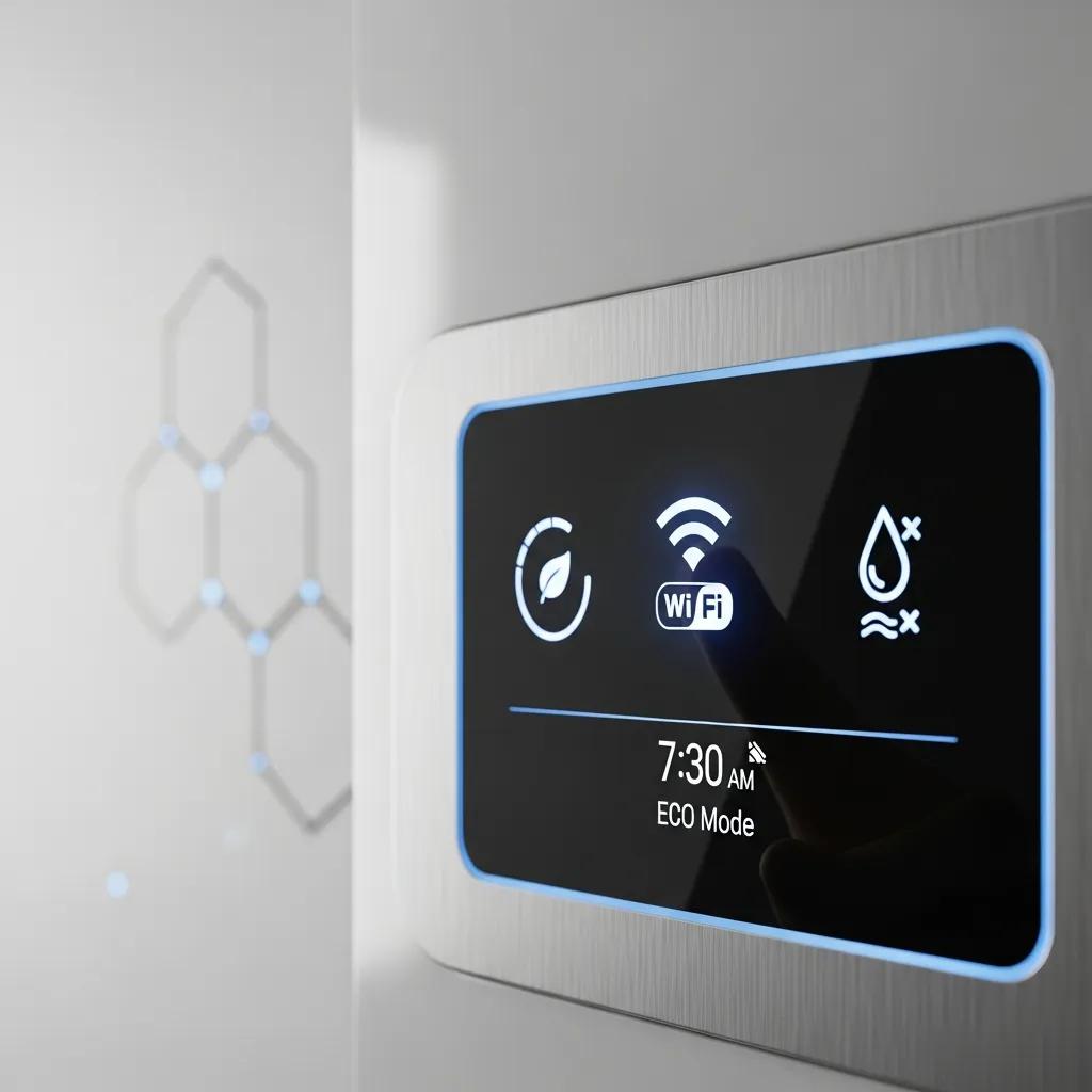 Close-up of a smart water heater control showing Wi‑Fi, energy monitoring, and leak detection features