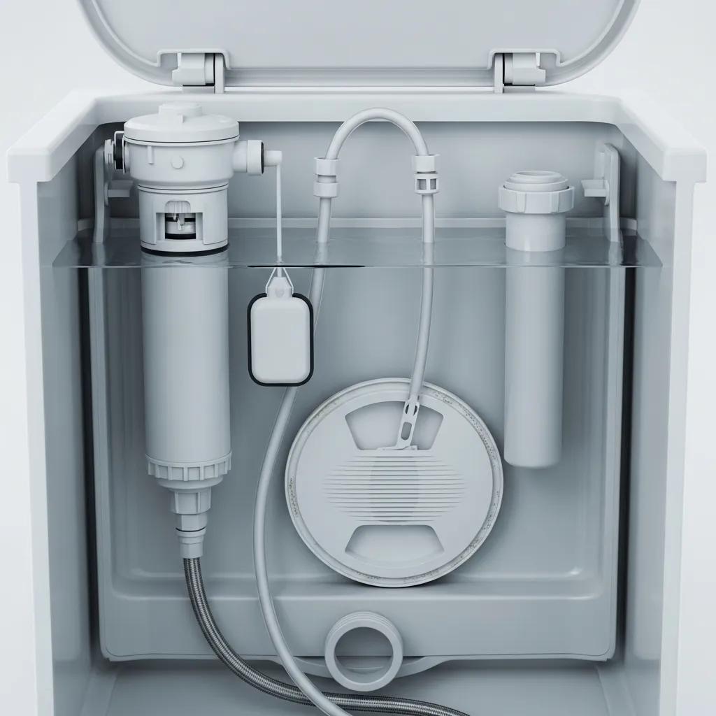 Close-up of toilet tank parts showing flapper and fill valve for diagnosis