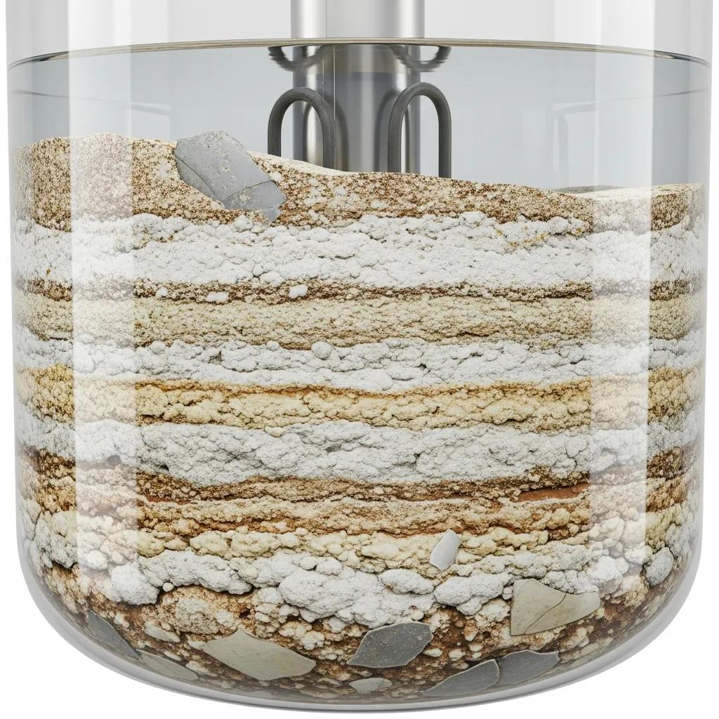 Close-up of sediment buildup on the bottom of a water heater tank