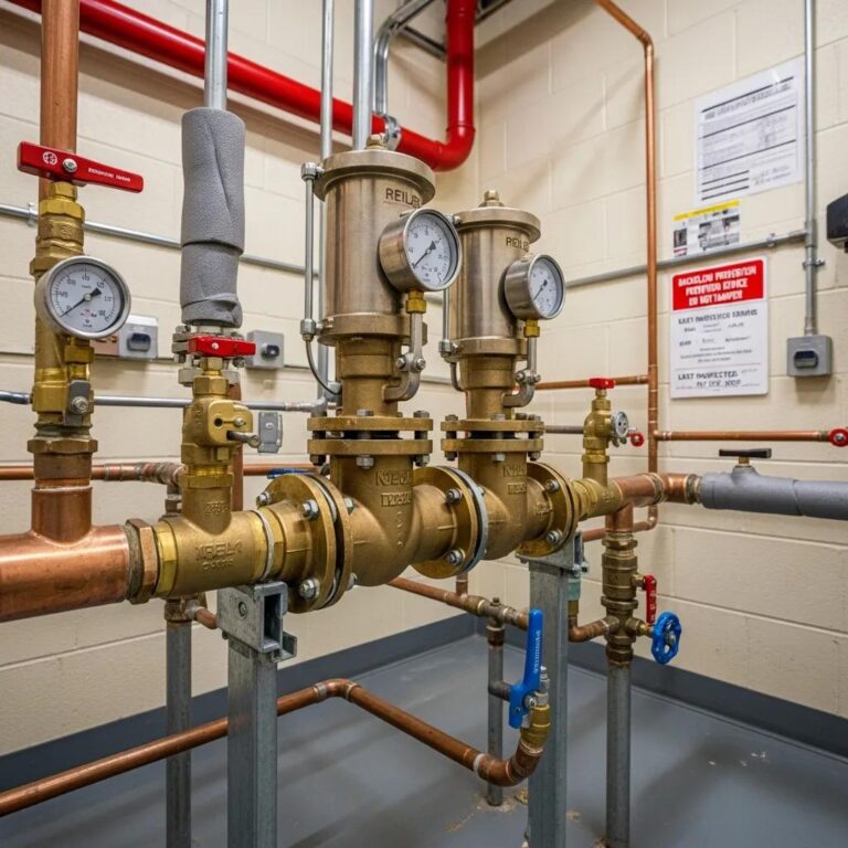 Commercial backflow prevention device in a plumbing system highlighting safety and compliance