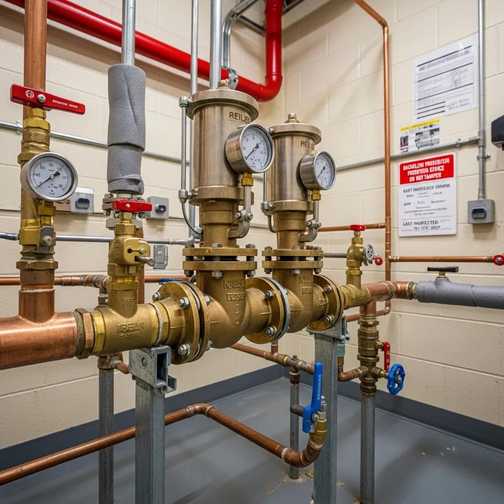 Commercial backflow prevention device in a plumbing system highlighting safety and compliance